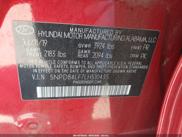 Продаж на аукціоні авто 2020 Hyundai Elantra Sel, vin: 5NPD84LF7LH510435, номер лоту: 45780344