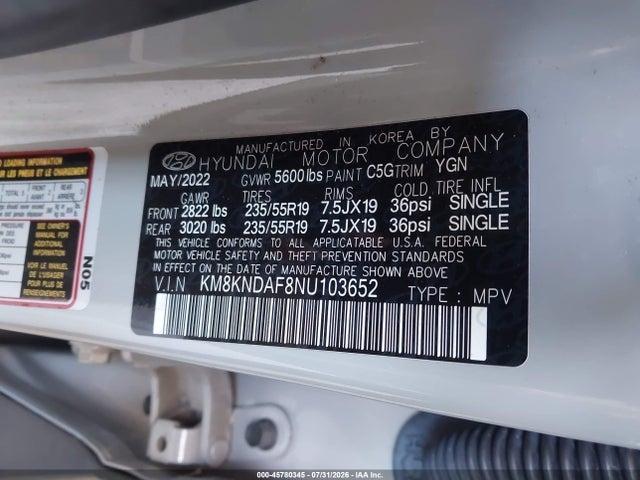 45780345 :رقم المزاد ، KM8KNDAF8NU103652 vin ، 2022 Hyundai Ioniq 5 Sel مزاد بيع