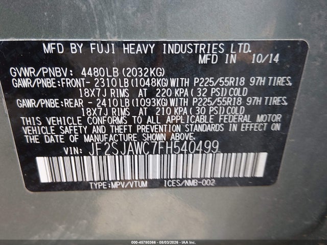 45780366 :رقم المزاد ، JF2SJAWC7FH540499 vin ، 2015 Subaru Forester 2.5i Touring مزاد بيع