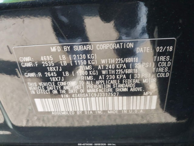 Aukcja sprzedaży 2018 Subaru Outback 2.5i Touring, vin: 4S4BSATC9J3317527, numer aukcji: 45780368