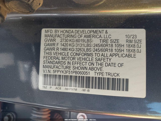 5FPYK3F51PB060051 Honda Ridgeline Rtl