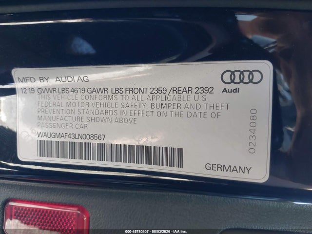 Aukcja sprzedaży 2020 Audi A4 Premium 40 Tfsi Front-wheel Drive S Tronic, vin: WAUGMAF43LN008567, numer aukcji: 45780407