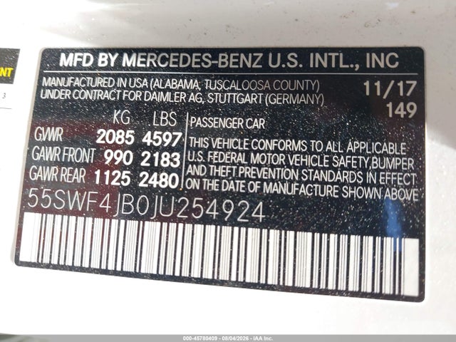 Продажа на аукционе авто 2018 Mercedes-benz C 300, vin: 55SWF4JB0JU254924, номер лота: 45780409