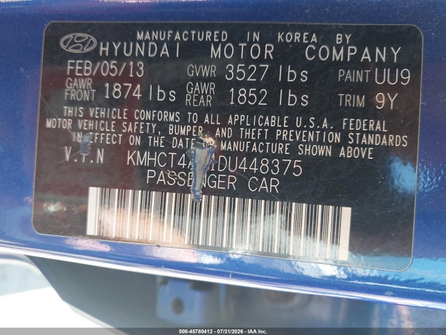 2013 Hyundai Accent Gls მანქანა იყიდება აუქციონზე, vin: KMHCT4AE1DU448375, აუქციონის ნომერი: 45780412