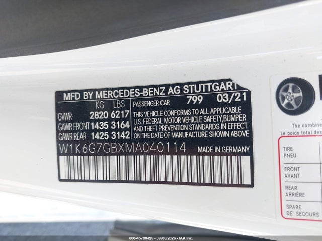 45780425 :رقم المزاد ، W1K6G7GBXMA040114 vin ، 2021 Mercedes-benz S 580 4matic مزاد بيع