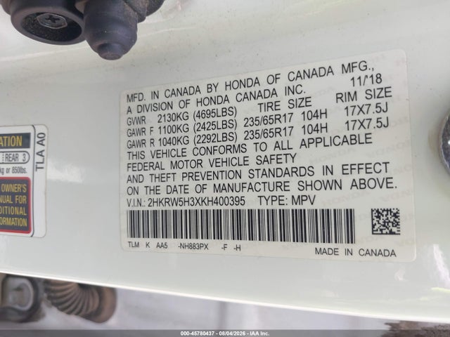 45780437 :رقم المزاد ، 2HKRW5H3XKH400395 vin ، 2019 Honda Cr-v Lx مزاد بيع