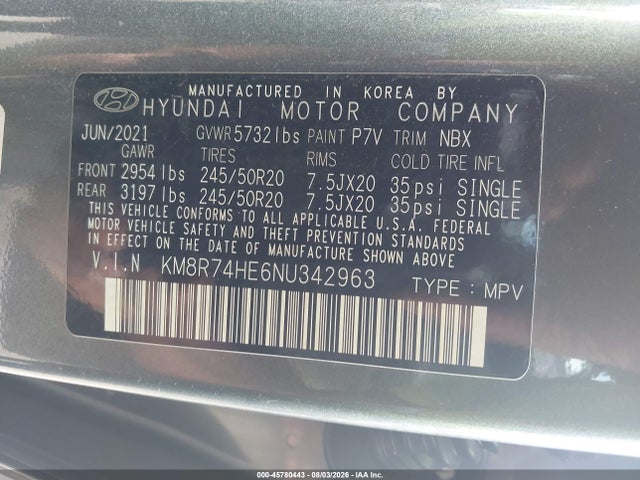 45780443 :رقم المزاد ، KM8R74HE6NU342963 vin ، 2022 Hyundai Palisade Calligraphy مزاد بيع