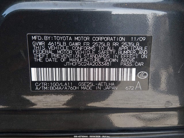 45780444 :رقم المزاد ، JTHCF5C24A2033481 vin ، 2010 Lexus Is 250 مزاد بيع