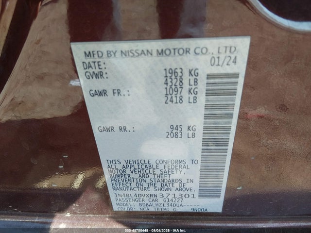 Продажа на аукционе авто 2024 Nissan Altima Sv Fwd, vin: 1N4BL4DVXRN371301, номер лота: 45780445