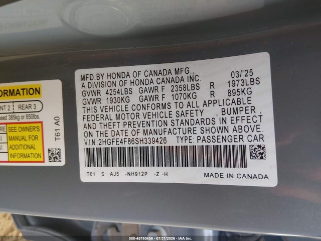 2HGFE4F86SH339426 Honda Civic Hybrid Sport/sport Touring