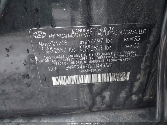 Aukcja sprzedaży 2017 Hyundai Sonata Se, vin: 5NPE24AF8HH449581, numer aukcji: 45780458
