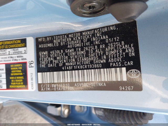 45780465 :رقم المزاد ، 4T4BF1FK8CR193860 vin ، 2012 Toyota Camry Le مزاد بيع