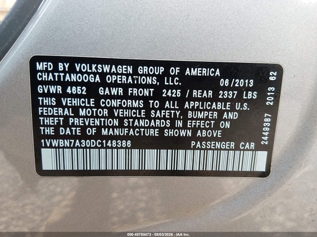 Aukcja sprzedaży 2013 Volkswagen Passat 2.0l Tdi Se, vin: 1VWBN7A30DC148386, numer aukcji: 45780473