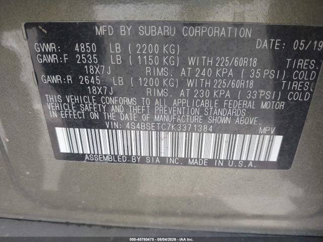 Aukcja sprzedaży 2019 Subaru Outback 3.6r Touring, vin: 4S4BSETC7K3371384, numer aukcji: 45780475