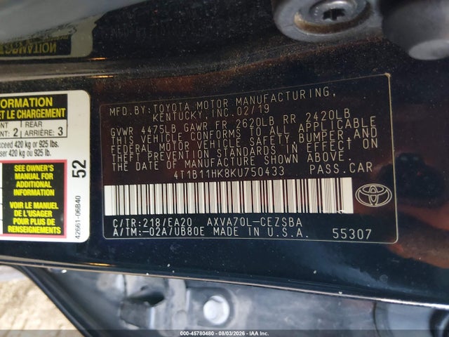 4T1B11HK8KU750433 Toyota CAMRY SE