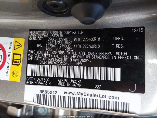 45780482 :رقم المزاد ، JTJBJRBZXG2035548 vin ، 2016 Lexus Nx 300h مزاد بيع