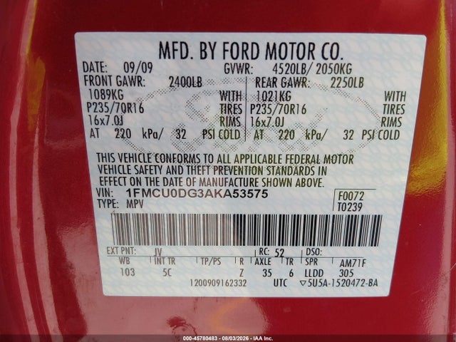 Aukcja sprzedaży 2010 Ford Escape Xlt, vin: 1FMCU0DG3AKA53575, numer aukcji: 45780483