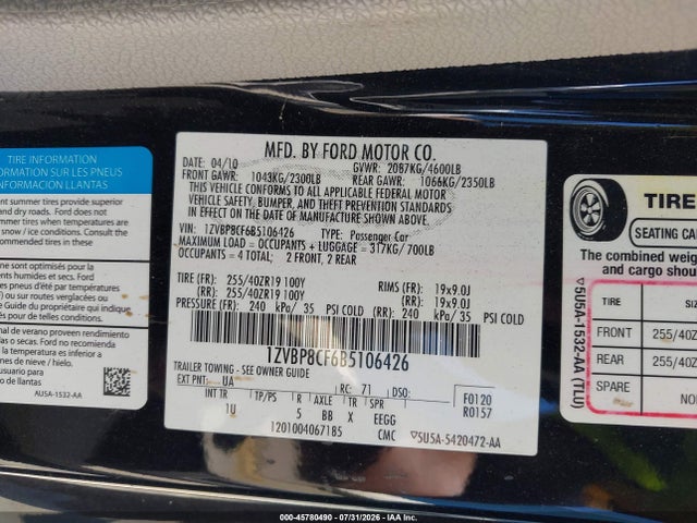45780490 :رقم المزاد ، 1ZVBP8CF6B5106426 vin ، 2011 Ford Mustang Gt مزاد بيع