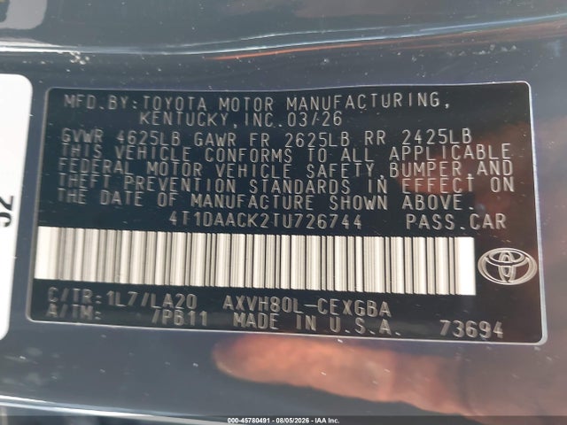 Toyota CAMRY XLE 2026 4T1DAACK2TU726744 Image 9