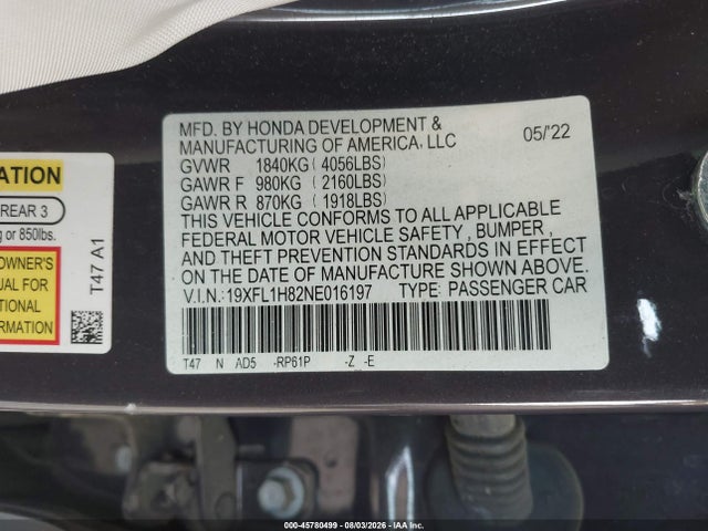 Aukcja sprzedaży 2022 Honda Civic Sport Touring, vin: 19XFL1H82NE016197, numer aukcji: 45780499