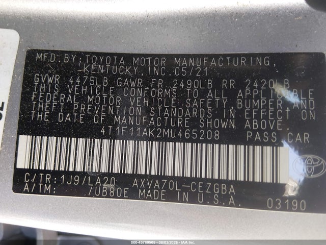 45780505 :رقم المزاد ، 4T1F11AK2MU465208 vin ، 2021 Toyota Camry Xle مزاد بيع