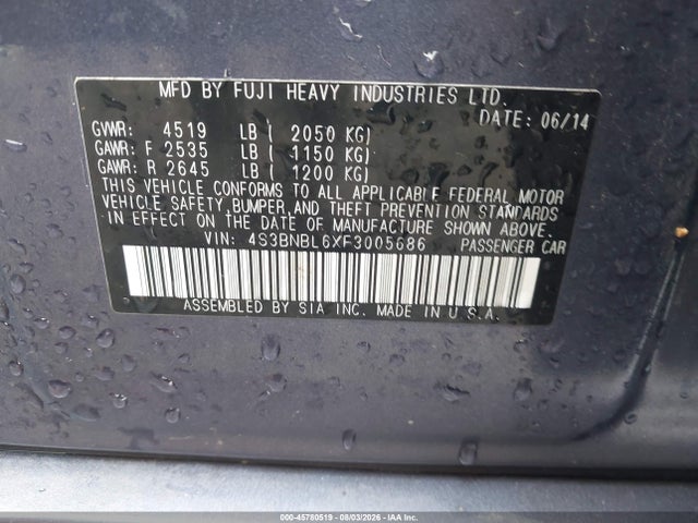 Продажа на аукционе авто 2015 Subaru Legacy 2.5i Limited, vin: 4S3BNBL6XF3005686, номер лота: 45780519