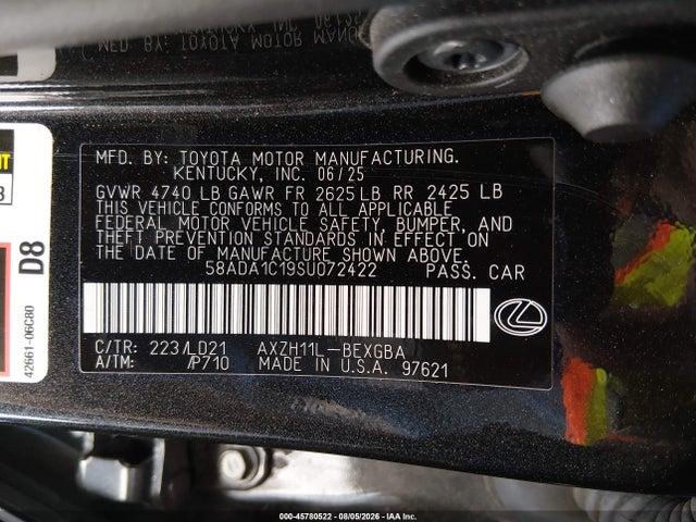 Продаж на аукціоні авто 2025 Lexus Es 300h, vin: 58ADA1C19SU072422, номер лоту: 45780522