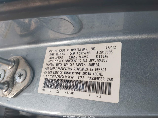 Продаж на аукціоні авто 2012 Honda Accord Sdn Lx, vin: 1HGCP2F39CA100698, номер лоту: 45780533