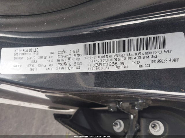 2020 Ram 1500 Rebel  4x4 5'7 Box მანქანა იყიდება აუქციონზე, vin: 1C6SRFLT7LN162505, აუქციონის ნომერი: 45780566