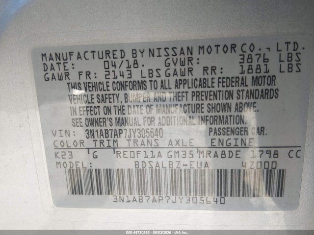 45780568 :رقم المزاد ، 3N1AB7AP7JY305640 vin ، 2018 Nissan Sentra S مزاد بيع
