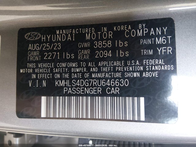 Продажа на аукционе авто 2024 Hyundai Elantra Sel, vin: KMHLS4DG7RU646630, номер лота: 45780577