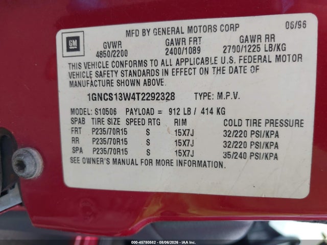 1996 Chevrolet Blazer მანქანა იყიდება აუქციონზე, vin: 1GNCS13W4T2292328, აუქციონის ნომერი: 45780582