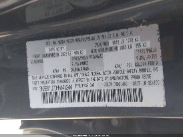 Aukcja sprzedaży 2017 Mazda Mazda3 Sport, vin: 3MZBN1U70HM141244, numer aukcji: 45780586