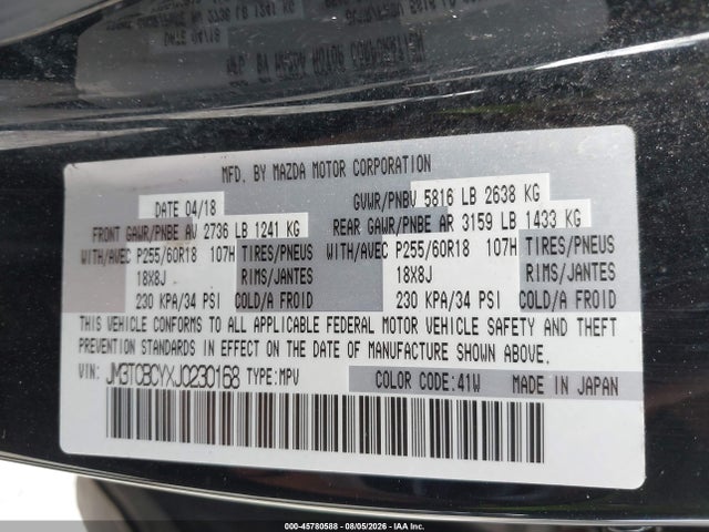 Aukcja sprzedaży 2018 Mazda Cx-9 Touring, vin: JM3TCBCYXJ0230168, numer aukcji: 45780588