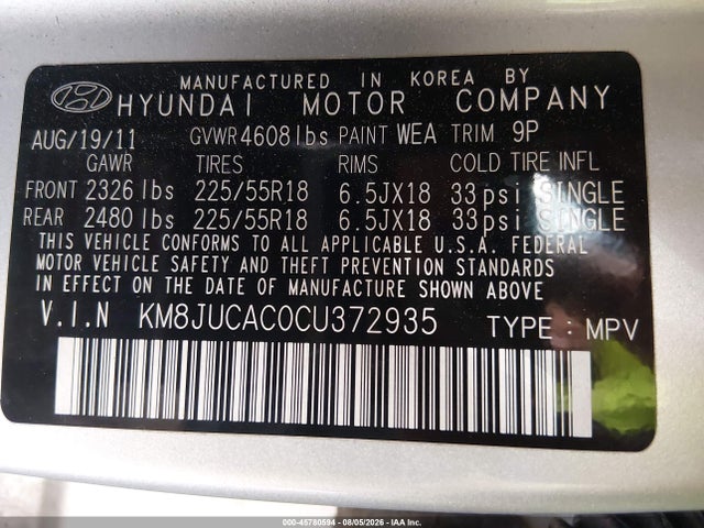 Продаж на аукціоні авто 2012 Hyundai Tucson Limited, vin: KM8JUCAC0CU372935, номер лоту: 45780594