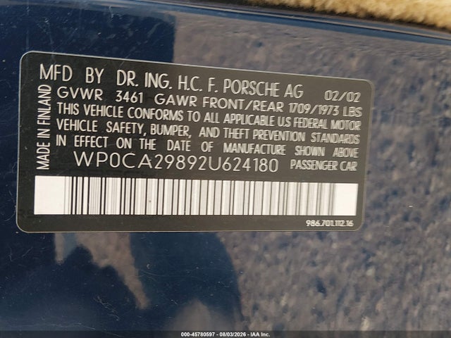 2002 Porsche Boxster მანქანა იყიდება აუქციონზე, vin: WP0CA29892U624180, აუქციონის ნომერი: 45780597