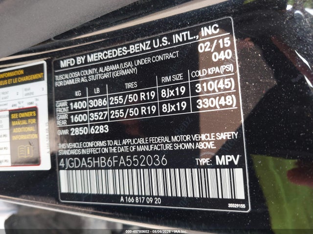 2015 Mercedes-benz Ml 350 4matic მანქანა იყიდება აუქციონზე, vin: 4JGDA5HB6FA552036, აუქციონის ნომერი: 45780602