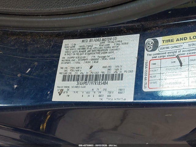 Aukcja sprzedaży 2007 Ford Fusion Se, vin: 3FAHP07197R185484, numer aukcji: 45780603