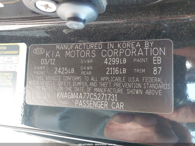 Aukcja sprzedaży 2012 Kia Optima Lx, vin: KNAGM4A77C5271731, numer aukcji: 45780620