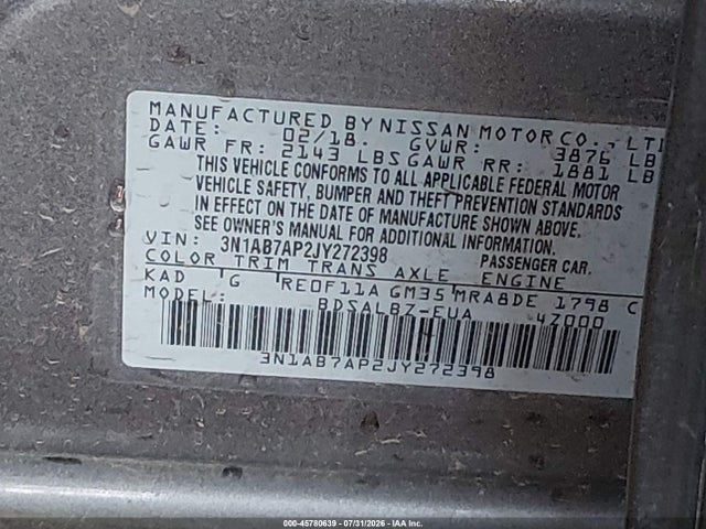 45780639 :رقم المزاد ، 3N1AB7AP2JY272398 vin ، 2018 Nissan Sentra S مزاد بيع