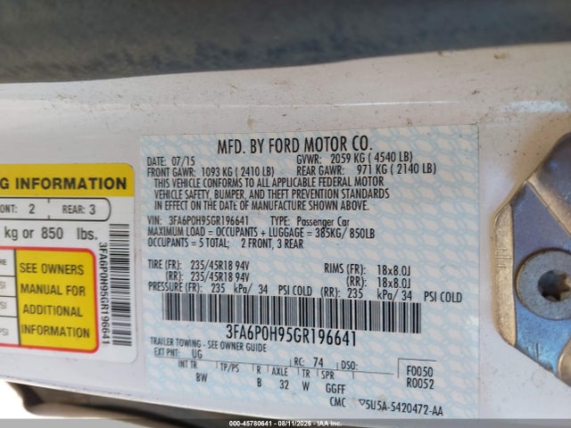Ford FUSION SE 2016 3FA6P0H95GR196641 Image 9