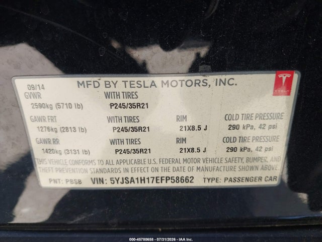 45780658 :رقم المزاد ، 5YJSA1H17EFP58662 vin ، 2014 Tesla Model S P85 مزاد بيع