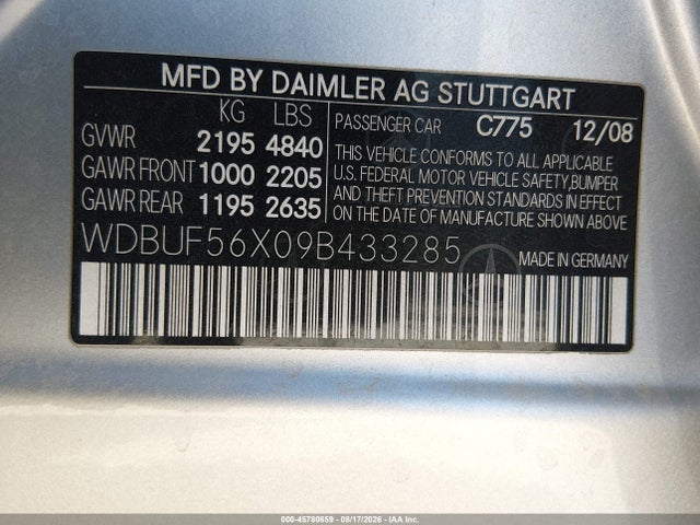 Aukcja sprzedaży 2009 Mercedes-benz E 350, vin: WDBUF56X09B433285, numer aukcji: 45780659