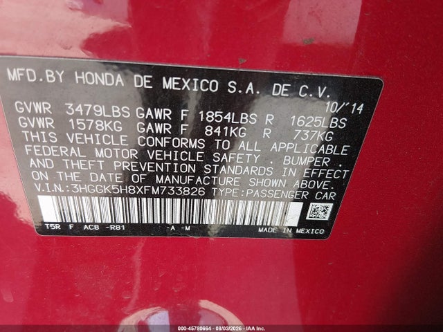 2015 Honda Fit Ex/ex-l მანქანა იყიდება აუქციონზე, vin: 3HGGK5H8XFM733826, აუქციონის ნომერი: 45780664