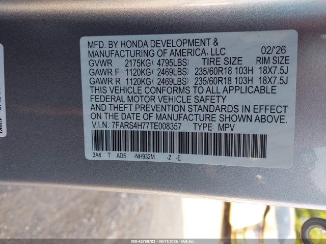 45780702 :رقم المزاد ، 7FARS4H77TE008357 vin ، 2026 Honda Cr-v Ex-l Awd مزاد بيع