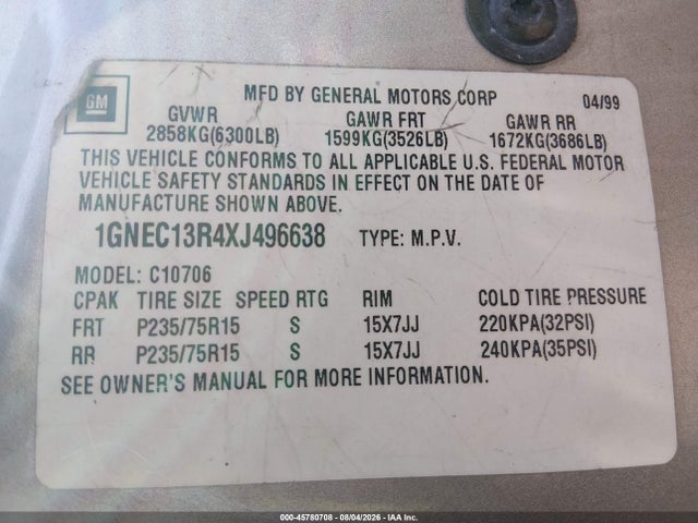 1999 Chevrolet Tahoe Limited მანქანა იყიდება აუქციონზე, vin: 1GNEC13R4XJ496638, აუქციონის ნომერი: 45780708
