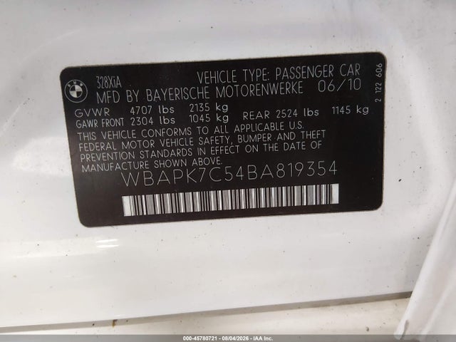 2011 Bmw 328i Xdrive მანქანა იყიდება აუქციონზე, vin: WBAPK7C54BA819354, აუქციონის ნომერი: 45780721