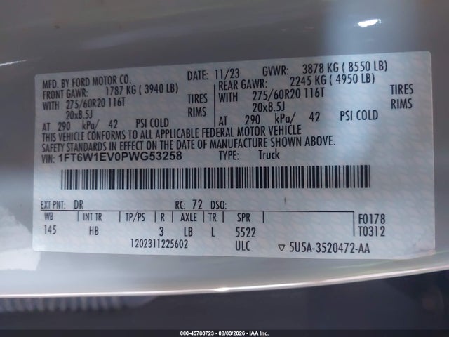 Продаж на аукціоні авто 2023 Ford F-150 Lightning Lariat, vin: 1FT6W1EV0PWG53258, номер лоту: 45780723