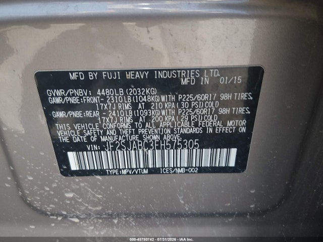 Aukcja sprzedaży 2015 Subaru Forester 2.5i, vin: JF2SJABC3FH575305, numer aukcji: 45780742