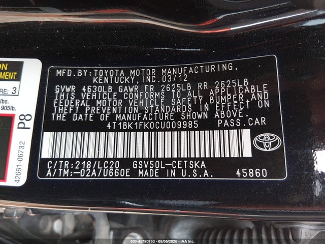 Aukcja sprzedaży 2012 Toyota Camry Se V6, vin: 4T1BK1FK0CU009985, numer aukcji: 45780753